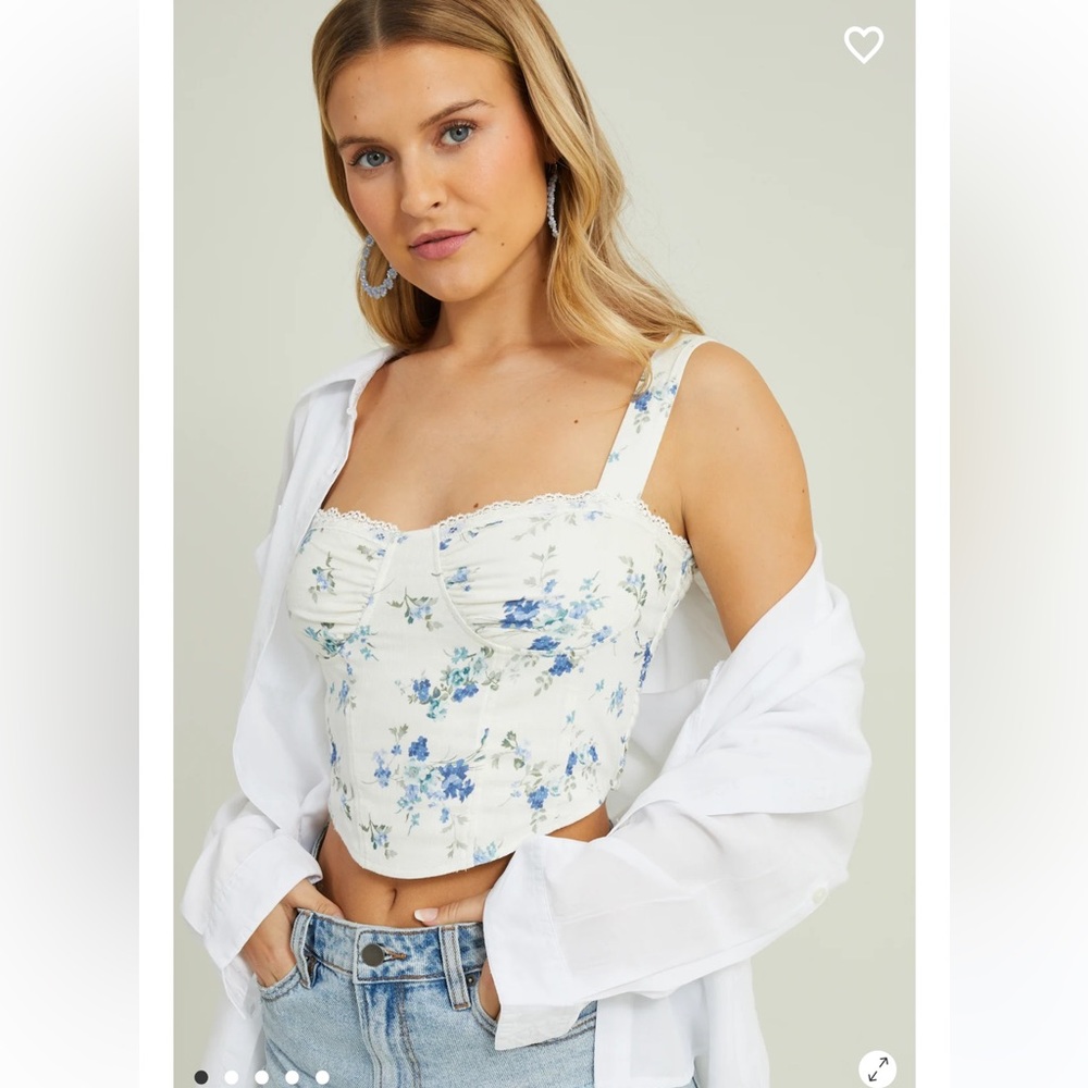 Altar’d State Adira Blue White Floral Lace Trim Smocked Back Crop Corset Top